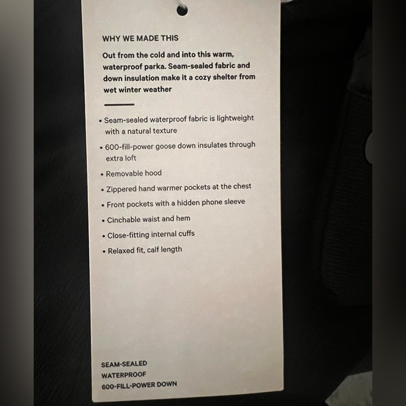 lululemon Waterproof 600-Down
Long Winter Parka/Coat, detachable hood, L, Black - Picture 16 of 16